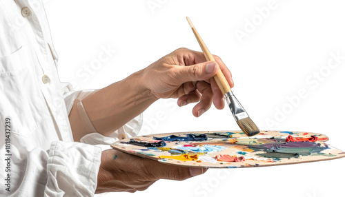 Person in white coat holds palette and paintbrush, ready to create artwork