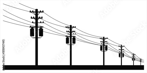 Silhouette of multiple power poles with transformers and wires stretching into distance power line electricity