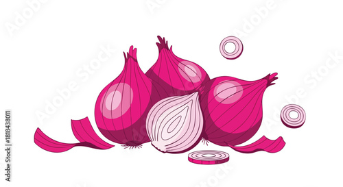 Vibrant Red Onions Arrangement, Aromatic Culinary Element, Vector Illustration with Isolated White Background for Food Design Projects