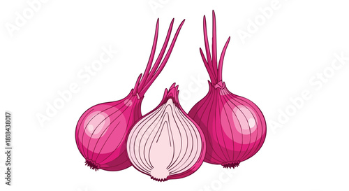 Vibrant pink shallots create a natural composition conveying freshness and natural beauty in minimalistic color concept illustration isolated on