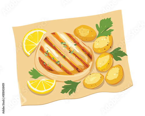 Savory roasted chicken portion with small potatoes and lemon garnish served for traditional family dinner meal - Vector Illustration