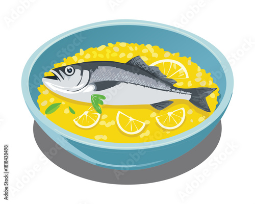 Roasted mediterranean fish served with savory herb rice and lemon wedges for healthy organic seafood dinner - Vector Illustration