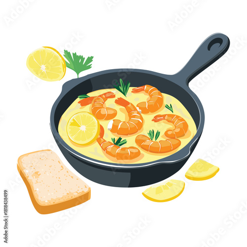 Garlic butter shrimp scampi with lemon and herbs in a cast iron skillet for savory seafood appetizer - Vector Illustration