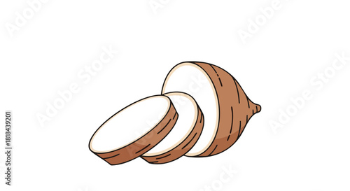 A whimsical cartoon illustration of sliced cassava roots, presented against a plain white background highlighting its minimalist charm
