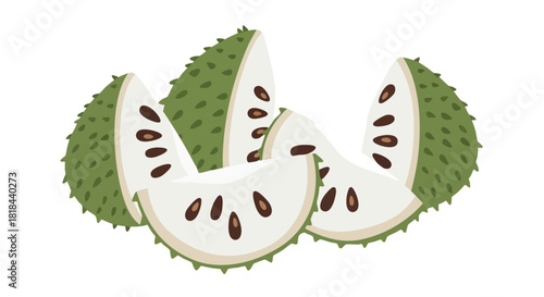 Illustrative composition depicting segments of soursop fruit with a unique prickly exterior and dark seed arrangement offering a fresh vibrant