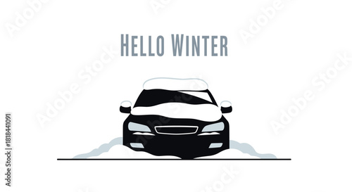 Black car covered in snow with hello winter text above on a white background
