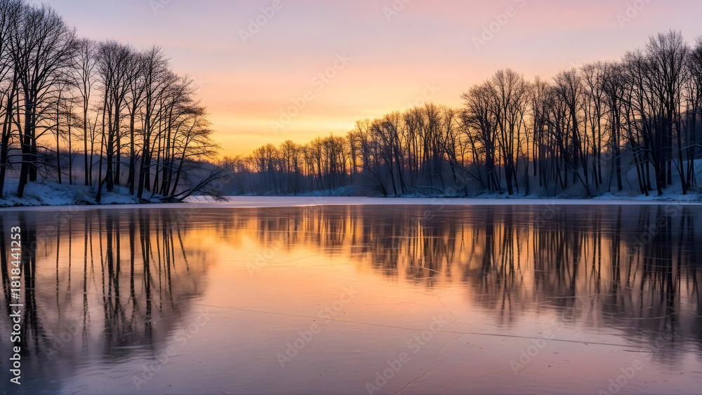 Obraz premium Frozen lake reflecting trees under soft sunset light, peaceful and quiet winter mood