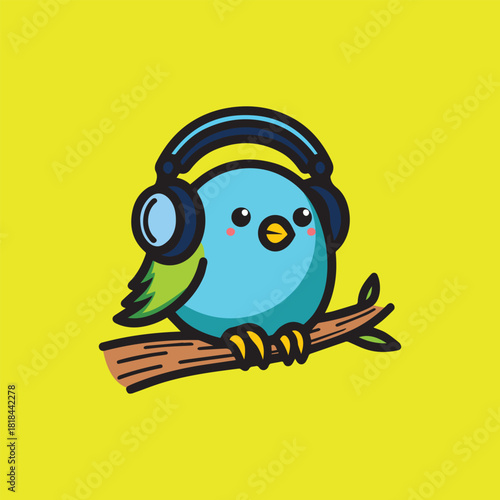 Cute happy colorful bird listens to music cartoon vector mascot illustration. kawaii animal vector illustration. Cute illustration bird listening to music with headphone. Bird Isolated cartoon flat st
