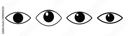 Four simple cartoon eye illustrations showing different gaze directions and pupils