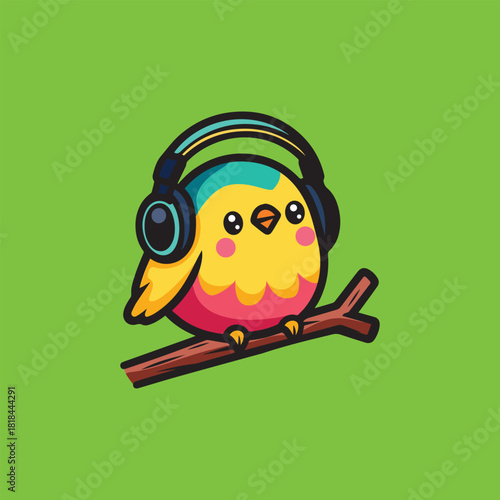 Cute happy colorful bird listens to music cartoon vector mascot illustration. kawaii animal vector illustration. Cute illustration bird listening to music with headphone. Bird Isolated cartoon flat st
