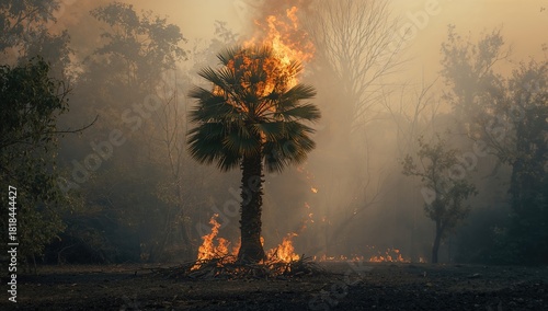 Burning palm tree with fallen fronds creating a ground fire, emphasizing wildfire safety hazards