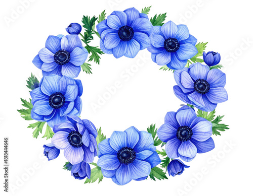 Vivid watercolor wreath of blue anemone flowers and green leaves on black