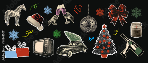 set of Christmas halftone collage art cutouts. retro  vintage dot texture vector illustration. gift box, disco light, tree, candle, old car for scrapbooking or stickers use. transparent background