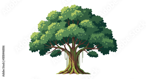 Lush green banyan tree illustration with intricate root system against a pristine white canvas for artistic or educational applications