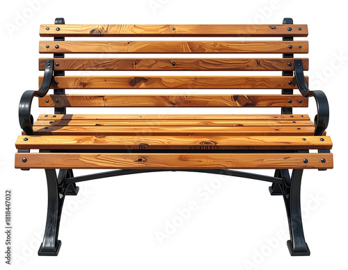Weathered wooden park bench with black armrests and legs, isolated on black