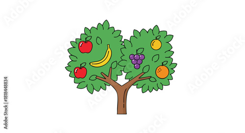 Cartoon fruit tree with apples, banana, grapes, orange and other various fruits isolated on a white background illustrating healthy food diversity
