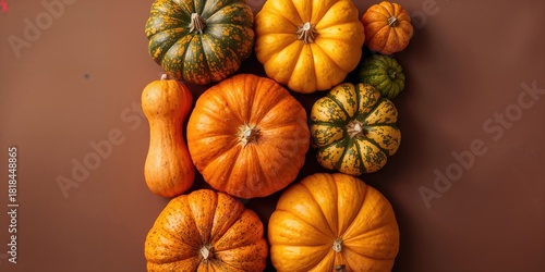 Colorful pumpkin and squash in a winter food background, seasonal harvest display