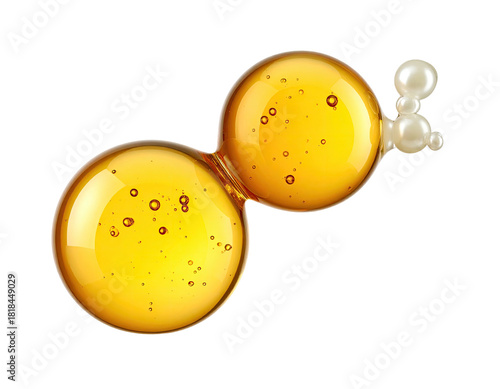 Two golden spheres joined, with smaller pearls, showcasing a fluid and glossy texture