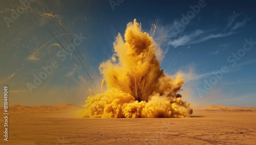 Yellow dust clouds rising in desert during detonation, highlighting environmental impact