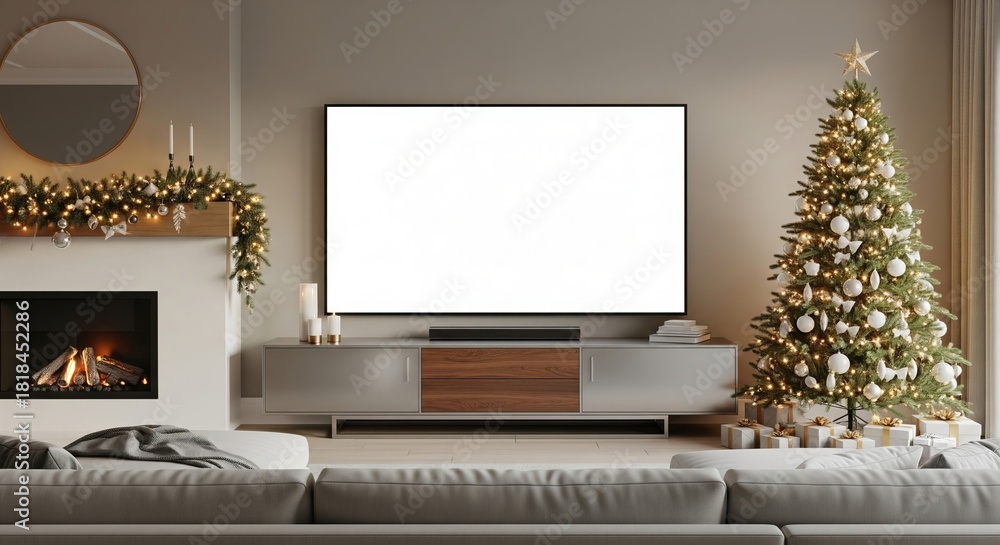 Naklejka premium Cozy Christmas living room interior with a beautifully decorated festive tree, a warm fireplace, comfortable sofa, and a blank television screen mockup for seasonal digital content display