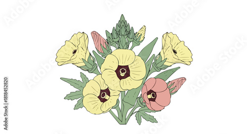 Artistic floral arrangement of stylized yellow and pink flowers with buds on a pristine white surface, radiating naturalistic charm in a simple