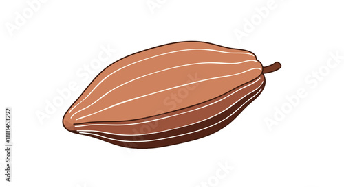 Stylized cocoa pod illustration with a distinctive brown hue and striking white lines on a plain white backdrop, creating a delightful graphic effect
