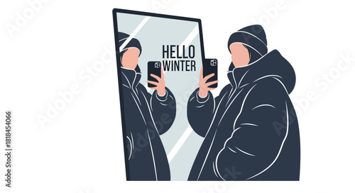 Person in winter coat takes a selfie in a mirror with hello winter text reflected