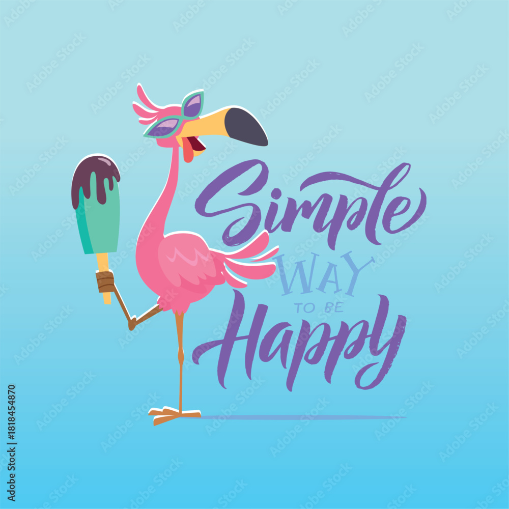 Naklejka premium Flamingo. happy bird with ice cream. simple way to be happy lettering logo
