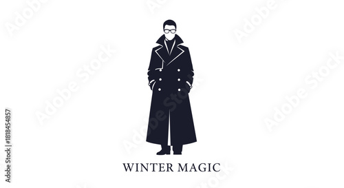 Stylish man in long double breasted coat and glasses standing with hands in pockets