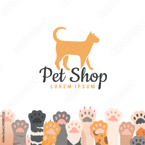 Pet shop. cats paws background and identity background with cat