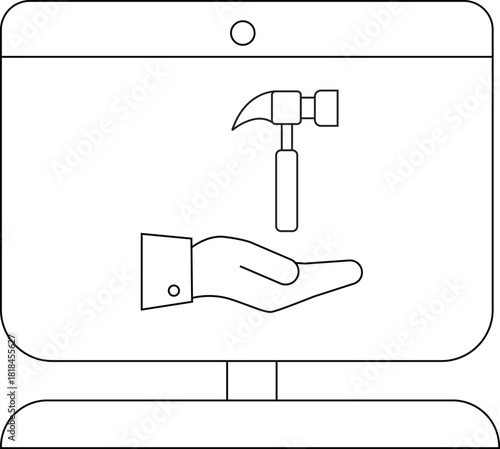 A computer monitor displays a hand offering a hammer