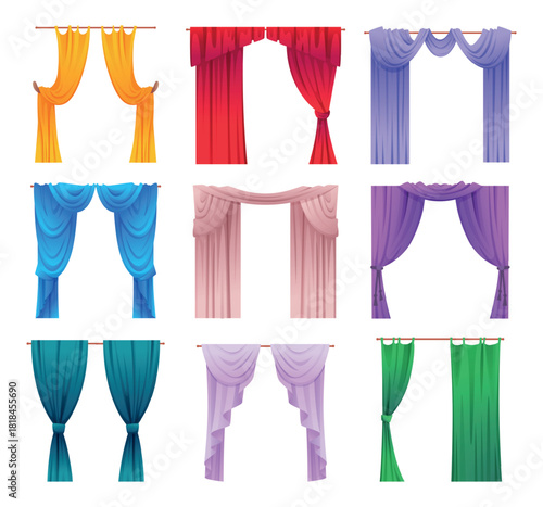 Curtains. Decor for living rooms exact vector luxury textile decoration curtains in cartoon style