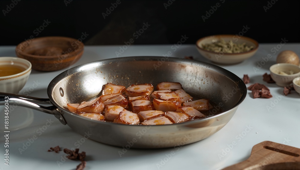Fototapeta premium Sliced pork fat cooking in a pan, saturated fat risk