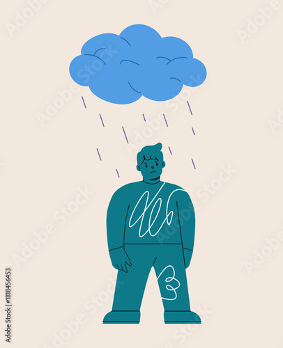 Depressed boy under rainy clouds. Colorful vector illustration