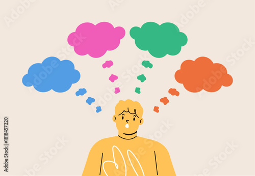 Curious boy having many thoughts being undecided. Colorful vector illustration