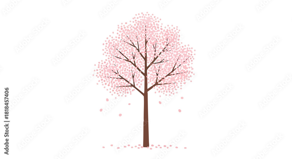 Obraz premium Delicate blossoming: A stylized cherry tree with soft pink flowers and gentle petals falling creating a serene impression