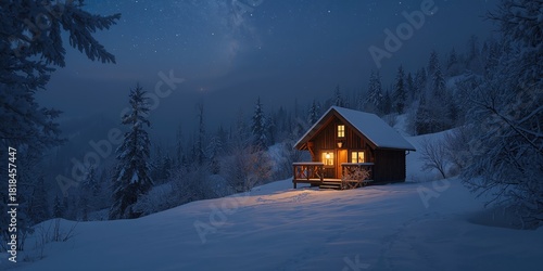 Fototapeta Naklejka Na Ścianę i Meble -  Winter mountain evening scene inside a small hut, emphasizing shelter and insulation for cold weather conditions