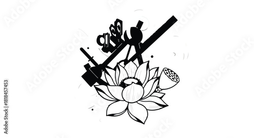 Elegant black and white illustration of a blooming lotus flower with abstract shapes and a seed pod