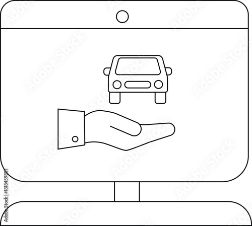 A screen displays a car above a hand suggesting service or offer with a top circle
