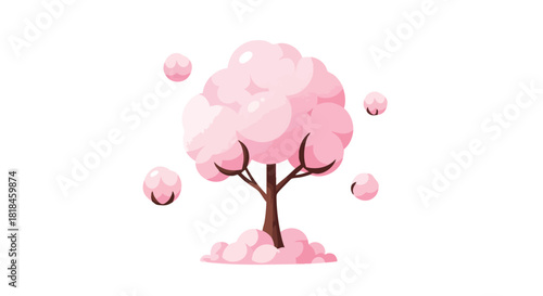 A Cartoonish Cherry Blossom Tree with Pink Flowers, Isolated on a White Background, Displaying a Delicate and Soft Aesthetic for Spring Season Art 99