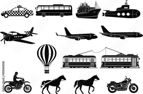 Silhouette set of diverse transportation vehicles including land, sea, and air modes for educational and design use