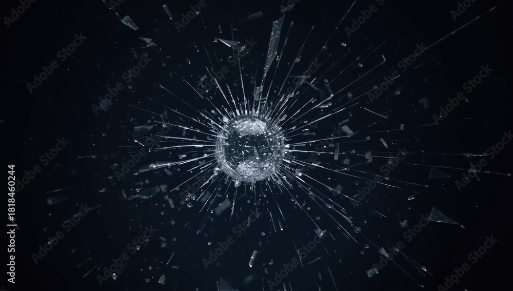 Obraz premium Close-up of a glass ball shattering with fractal patterns, emphasizing fragile material and impact effects