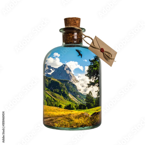 Landscape in a bottle isolated on white background, transparent PNG