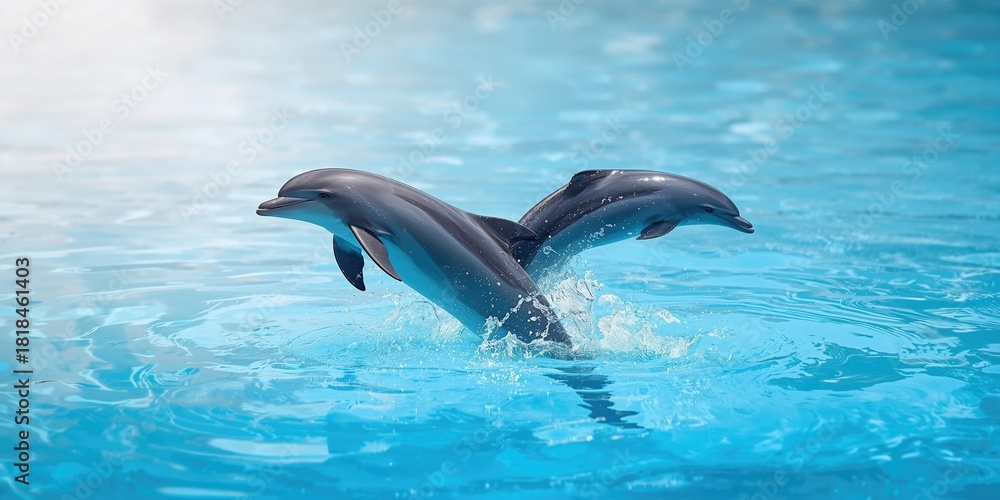 Fototapeta premium Dolphins swimming in a bright blue pool, emphasizing playful activity for World Dolphin Day