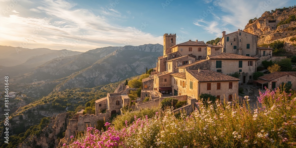 Obraz premium Historic village in Corsica with stone buildings and mountain views, emphasizing old architecture for travel exploration