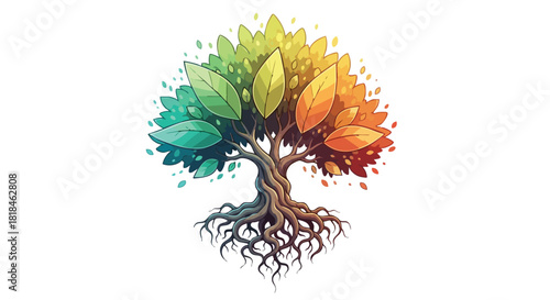 Stylized tree of life with rainbow colored leaves and intricate root system, symbolizing growth, connection and diversity