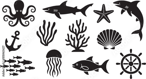 Shark and Coral Sea Life Silhouette – Marine Wildlife Ocean Illustration
