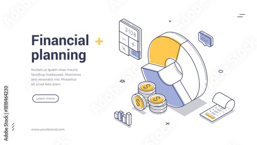 Financial planning and money management strategy web banner with calculator coins and charts. Investment analytics template for website page and UI UX design. Isometric web banner vector template
