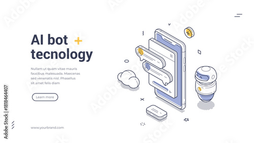 AI bot and artificial intelligence technology concept with smartphone interface robot data clouds and code. Modern isometric web banner vector template for tech innovation