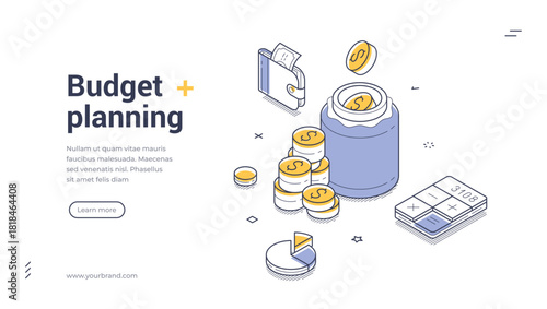 Budget planning and financial management concept with money jar wallet coins and analytics graphs. Modern isometric web banner vector template for finance application